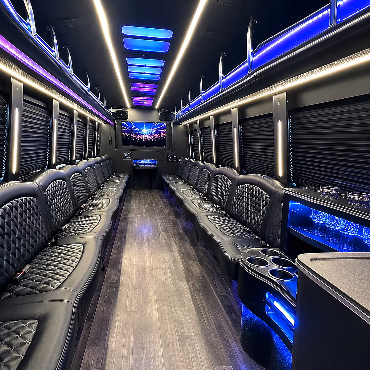 Interior of a party bus rental serving Bridgeport